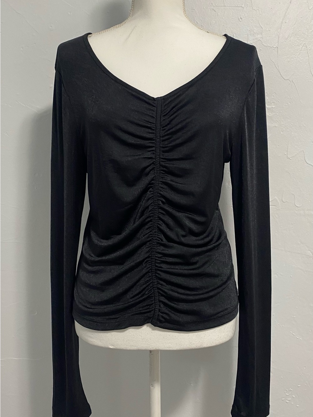 Anthropologie Black Ruched V-Neck Long Sleeve Top